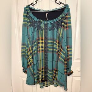 Free People Plaid Lace Detail Peasant Blouse XS Boho